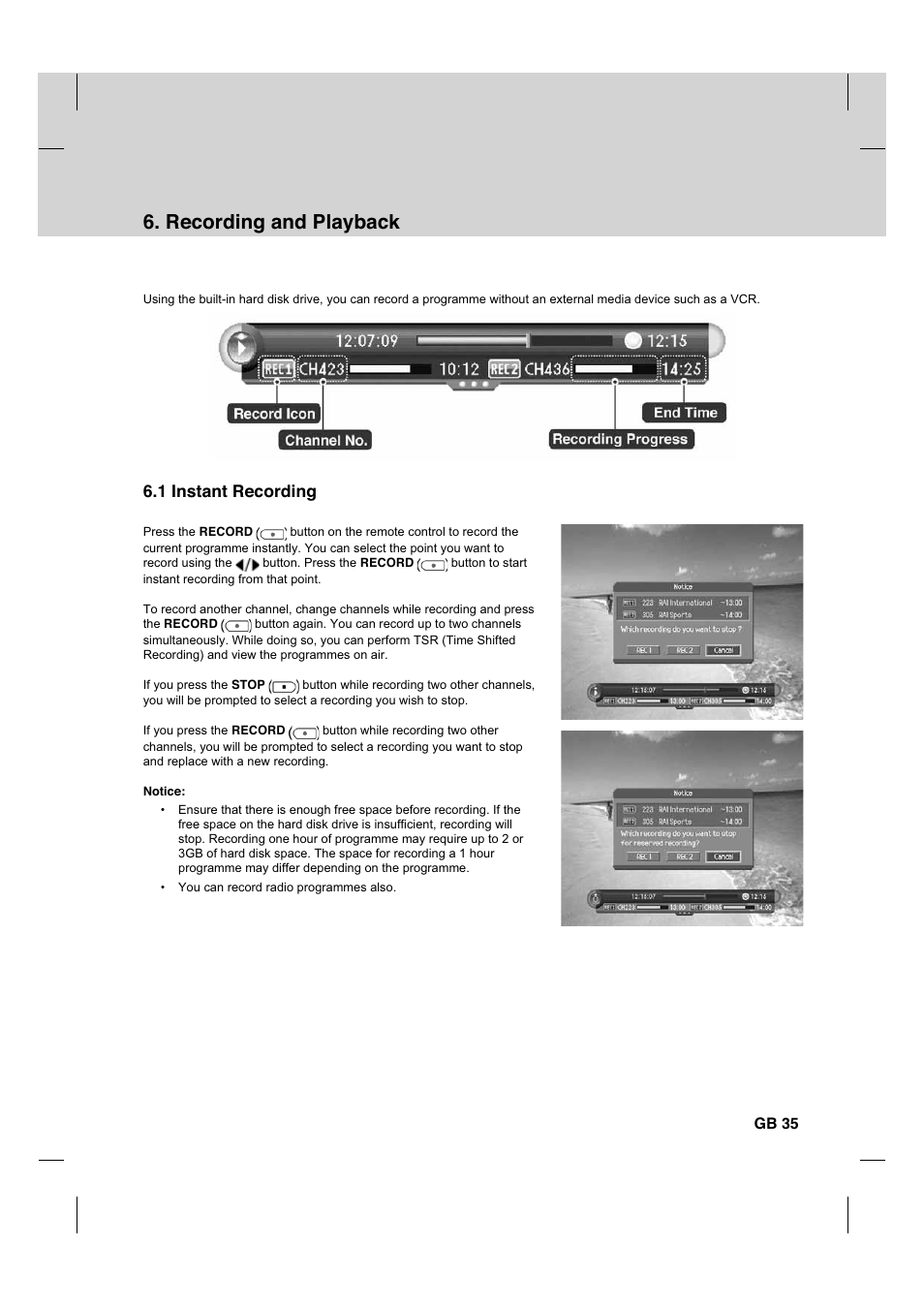 Recording and playback, 1 instant recording, Gb 35 | Humax CX PVR-9200C User Manual | Page 36 / 90