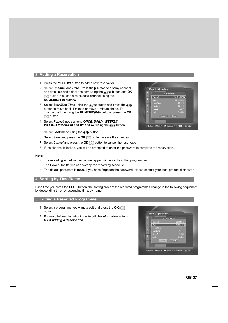 Adding a reservation, Sorting by time/name, Editing a reserved programme | Gb 37 | Humax CX PVR-9200C User Manual | Page 38 / 90