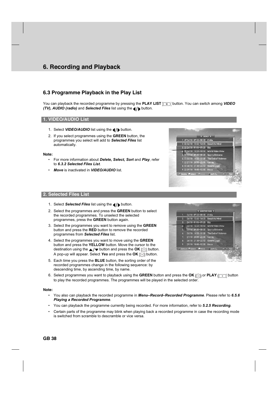 Recording and playback, 3 programme playback in the play list, Video/audio list | Selected files list, Gb 38 | Humax CX PVR-9200C User Manual | Page 39 / 90