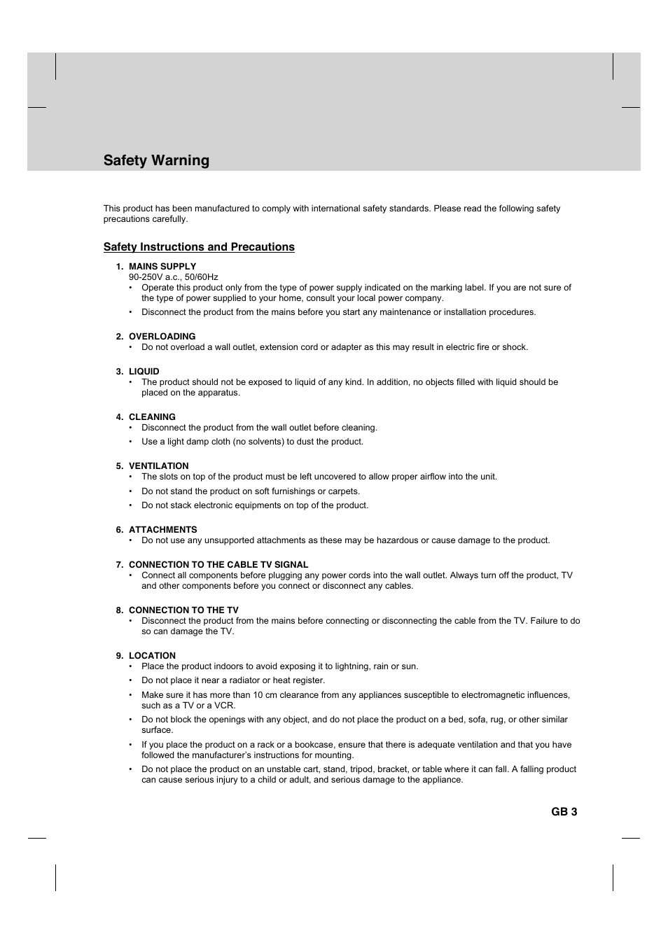 Safety warning, Safety instructions and precautions, Gb 3 | Humax CX PVR-9200C User Manual | Page 4 / 90