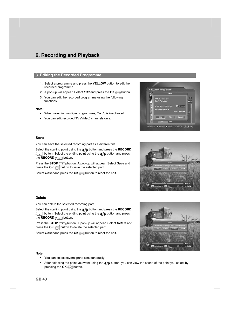 Recording and playback, Editing the recorded programme, Gb 40 | Humax CX PVR-9200C User Manual | Page 41 / 90