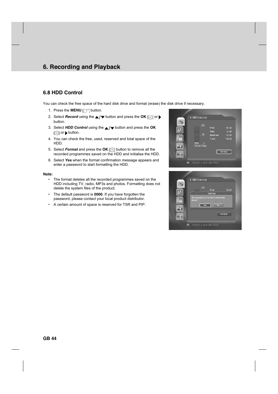 Recording and playback, 8 hdd control, Gb 44 | Humax CX PVR-9200C User Manual | Page 45 / 90