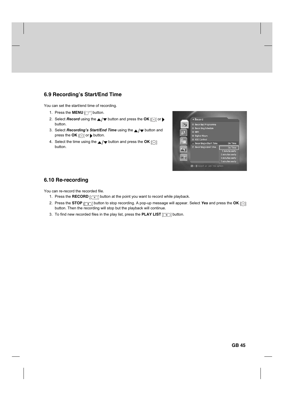 9 recording’s start/end time, 10 re-recording, Gb 45 | Humax CX PVR-9200C User Manual | Page 46 / 90