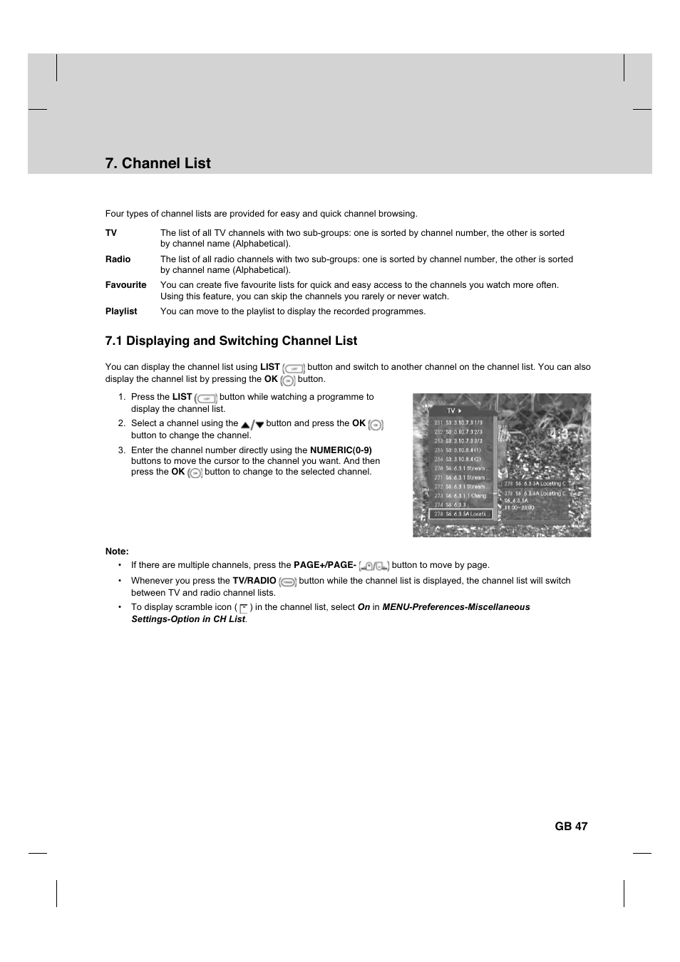 Channel list, 1 displaying and switching channel list, Gb 47 | Humax CX PVR-9200C User Manual | Page 48 / 90