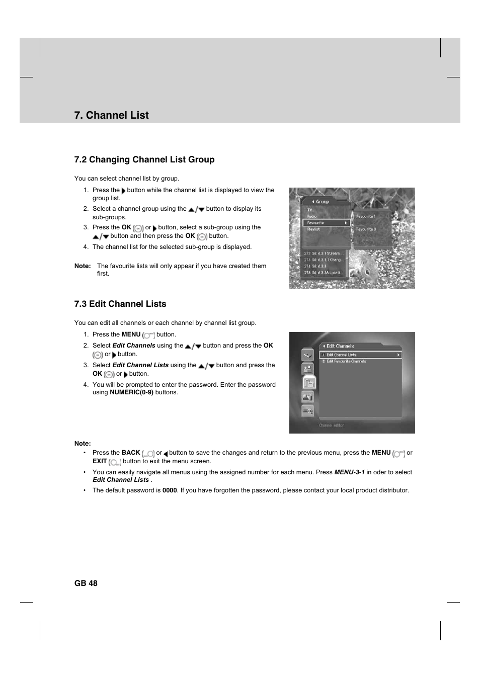 Channel list, 2 changing channel list group, 3 edit channel lists | Gb 48 | Humax CX PVR-9200C User Manual | Page 49 / 90