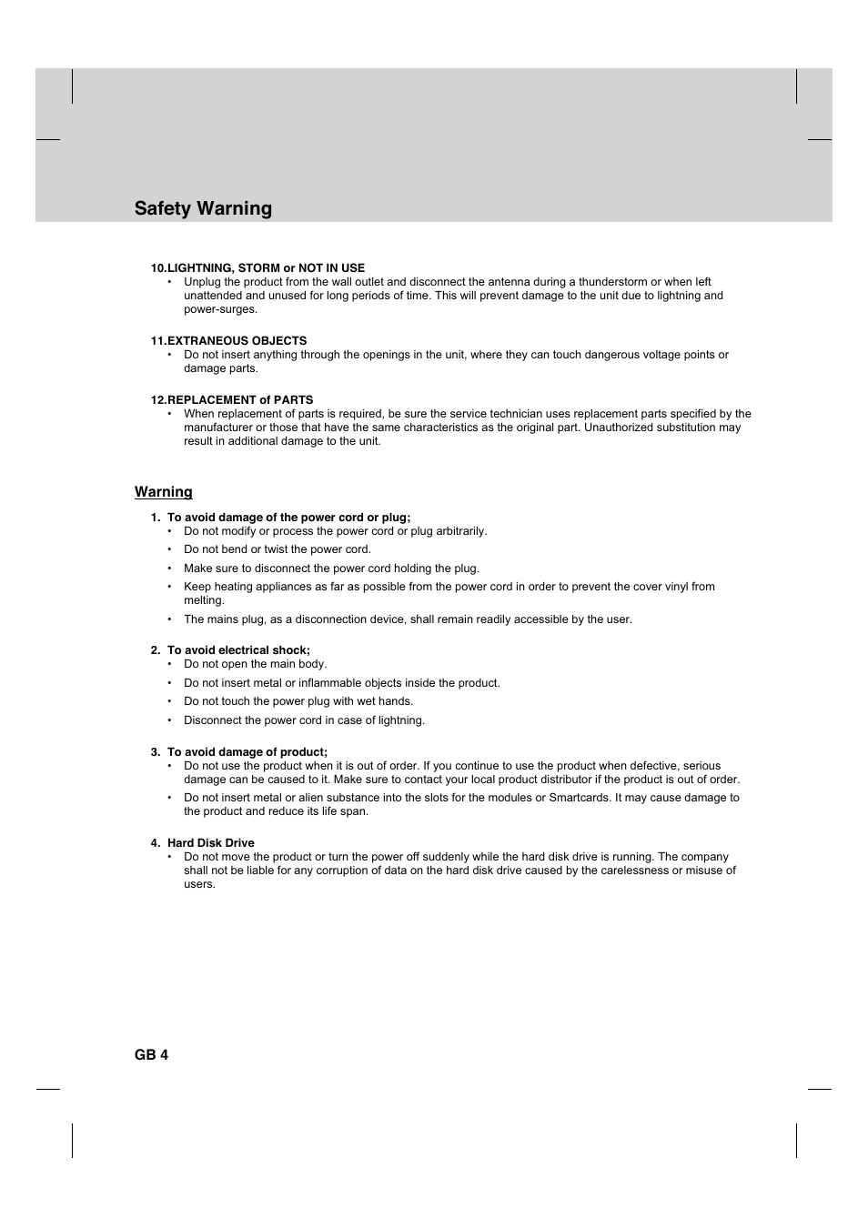 Safety warning, Warning, Gb 4 | Humax CX PVR-9200C User Manual | Page 5 / 90