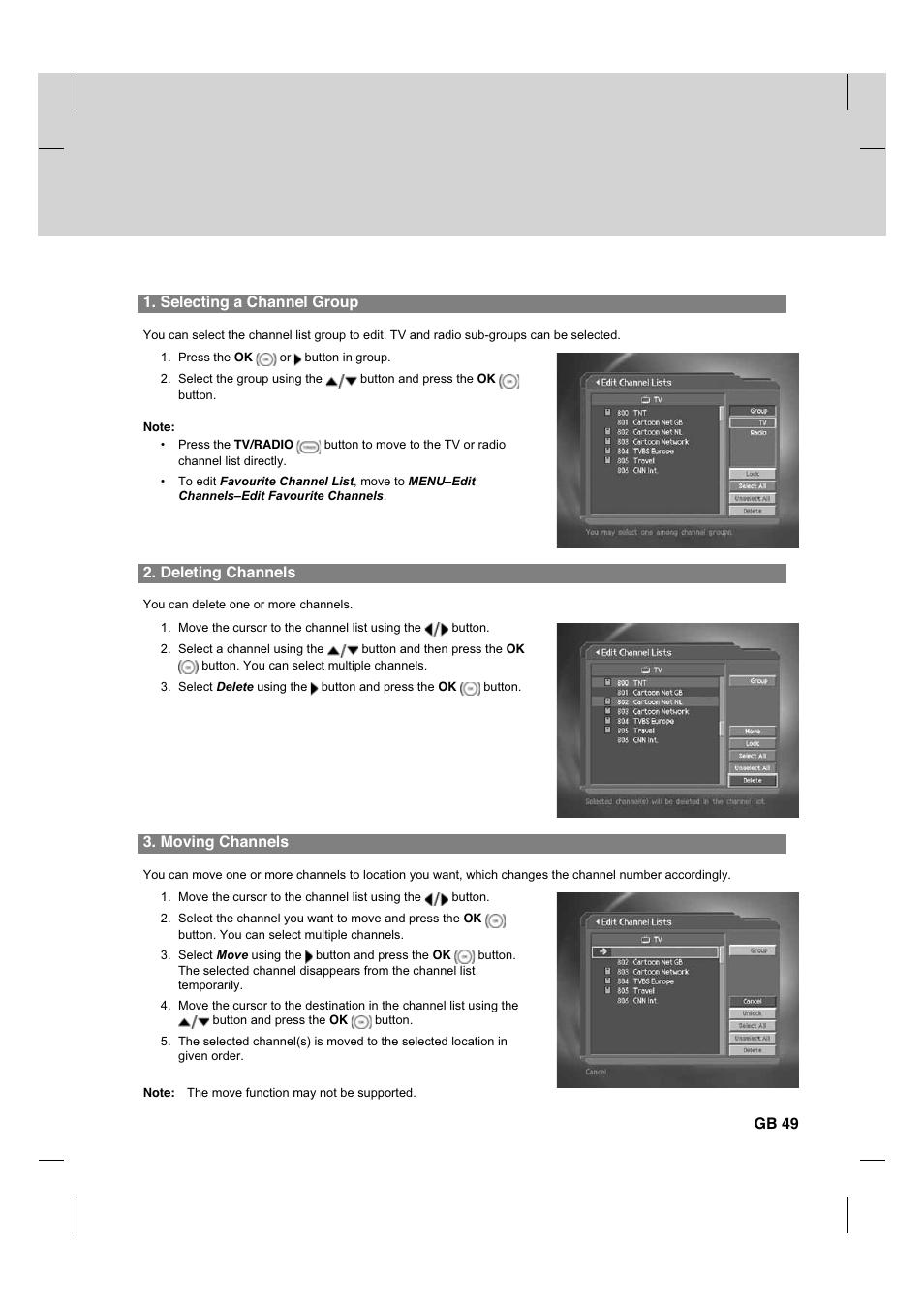 Selecting a channel group, Deleting channels, Moving channels | Gb 49 | Humax CX PVR-9200C User Manual | Page 50 / 90