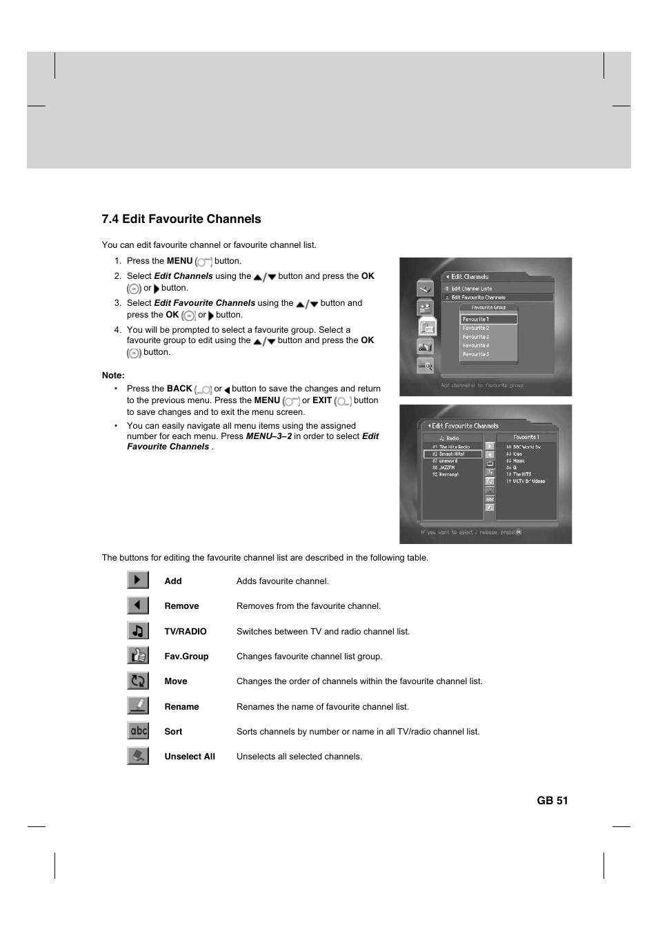 4 edit favourite channels, Gb 51 | Humax CX PVR-9200C User Manual | Page 52 / 90
