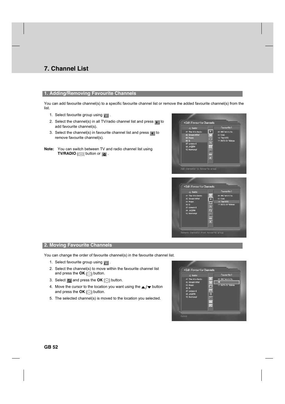 Channel list, Adding/removing favourite channels, Moving favourite channels | Gb 52 | Humax CX PVR-9200C User Manual | Page 53 / 90