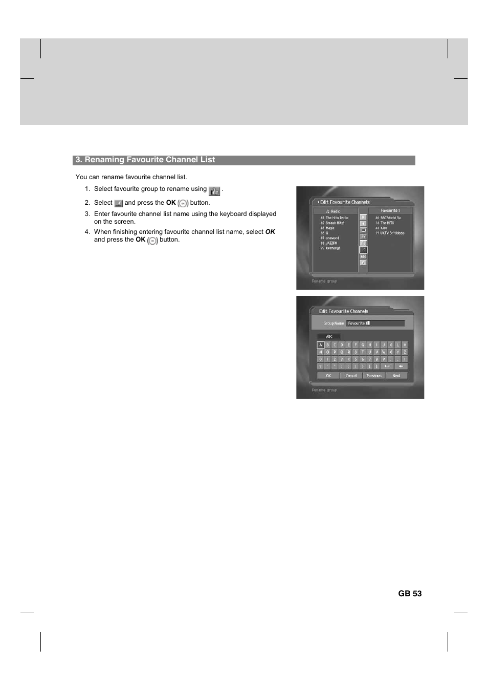 Renaming favourite channel list, Gb 53 | Humax CX PVR-9200C User Manual | Page 54 / 90
