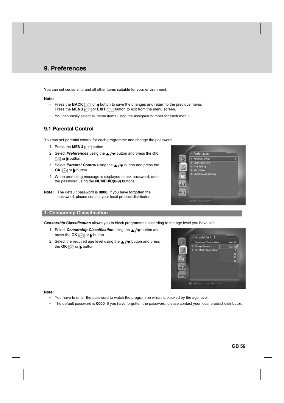 Preferences, 1 parental control, Censorship classification | Gb 59 | Humax CX PVR-9200C User Manual | Page 60 / 90