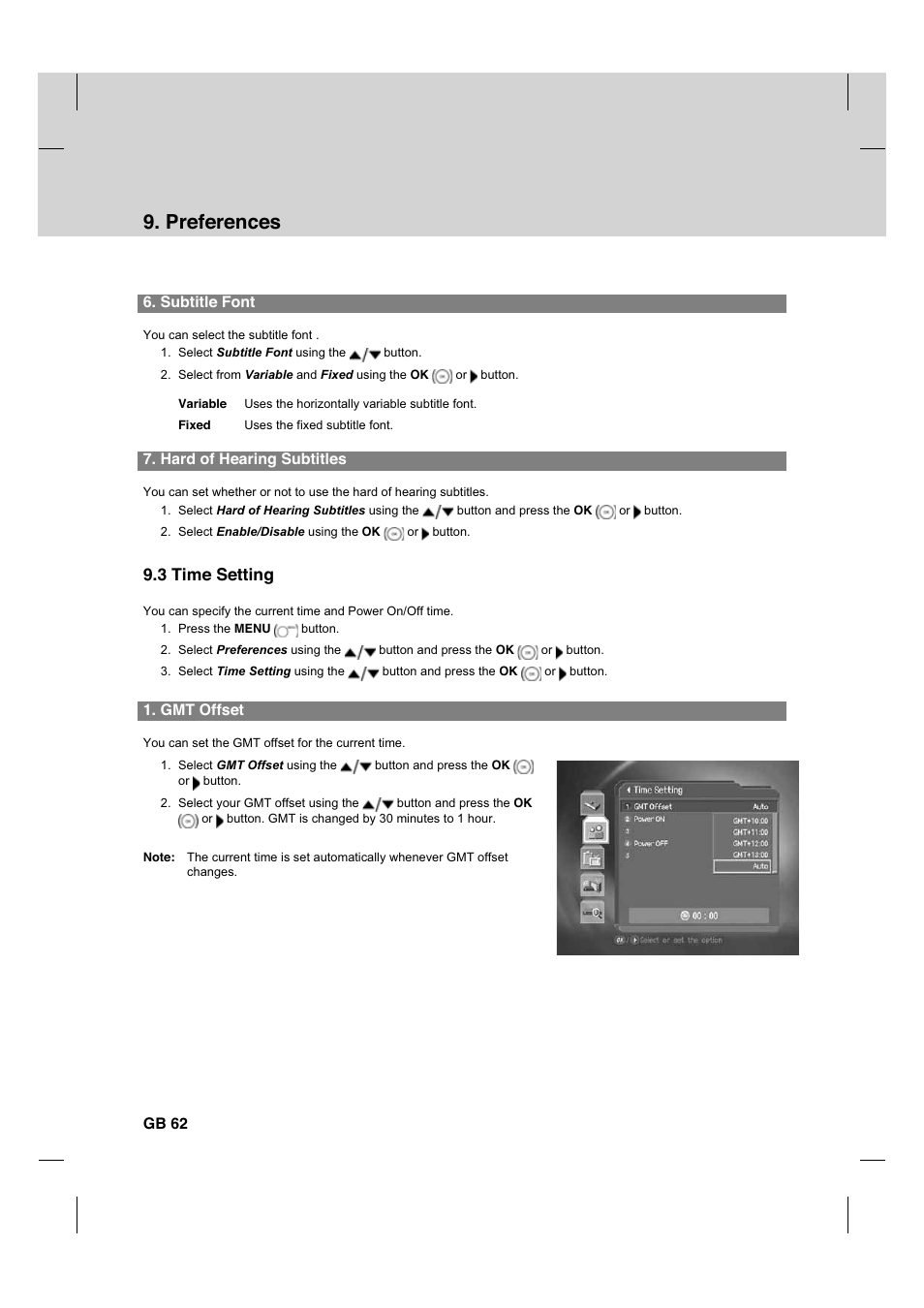 Preferences, 3 time setting, Subtitle font | Hard of hearing subtitles, Gmt offset, Gb 62 | Humax CX PVR-9200C User Manual | Page 63 / 90