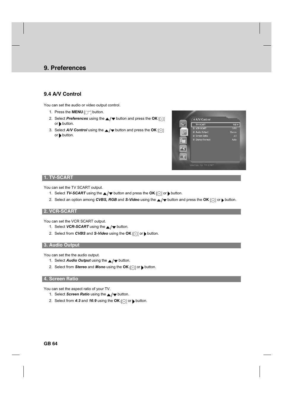 Preferences, 4 a/v control | Humax CX PVR-9200C User Manual | Page 65 / 90