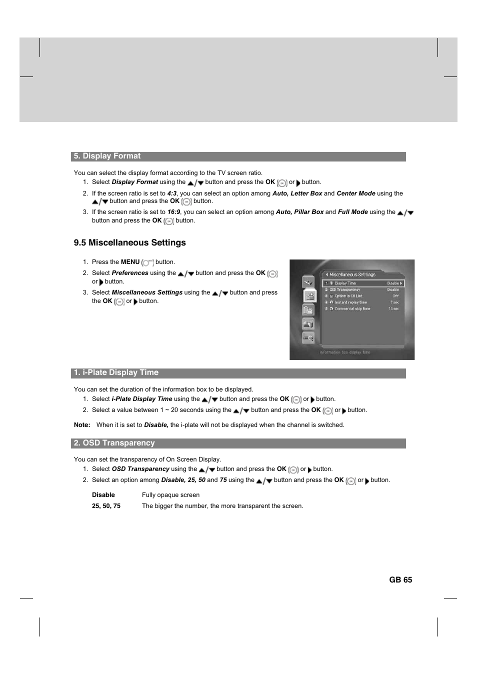 5 miscellaneous settings, Display format, I-plate display time | Osd transparency, Gb 65 | Humax CX PVR-9200C User Manual | Page 66 / 90