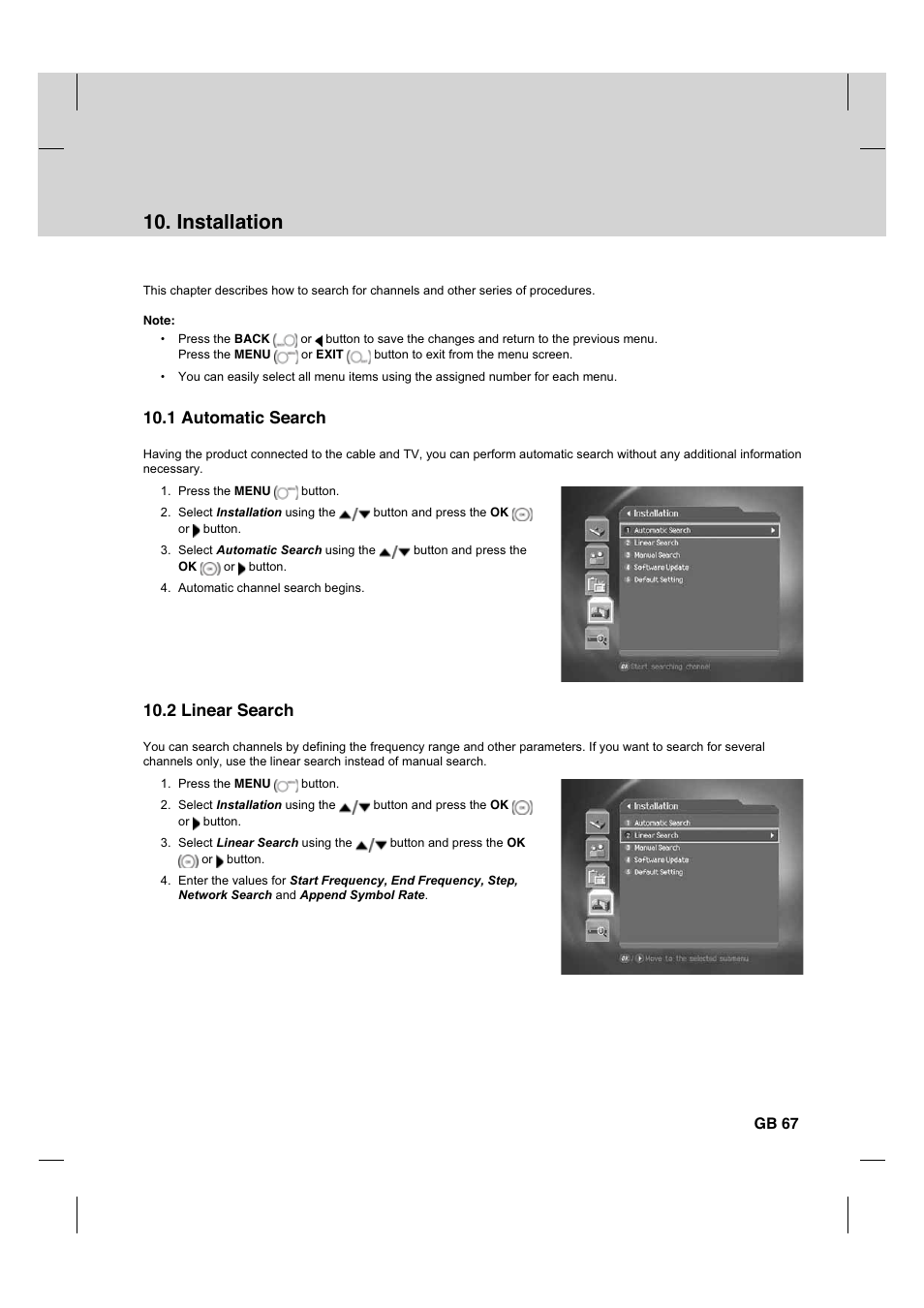 Installation, 1 automatic search, 2 linear search | Gb 67 | Humax CX PVR-9200C User Manual | Page 68 / 90