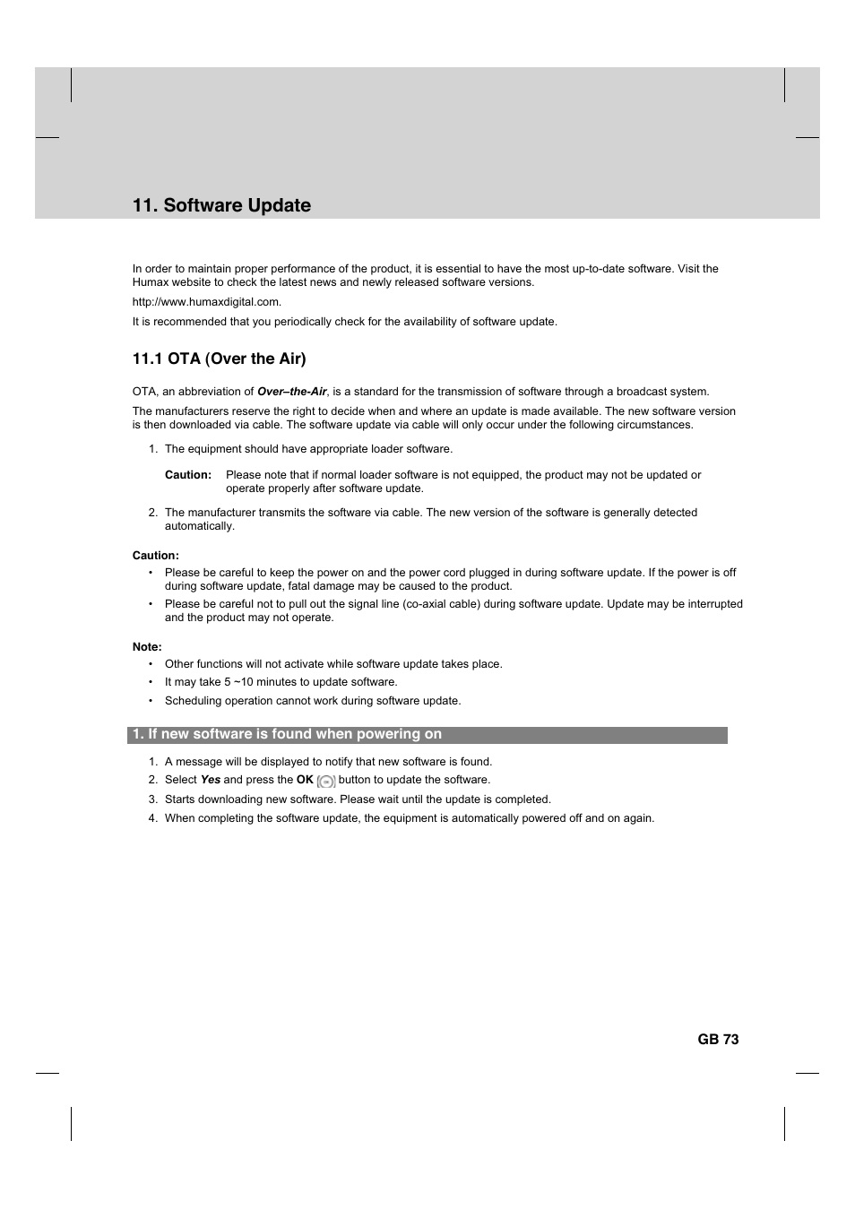 Software update, 1 ota (over the air), If new software is found when powering on | Gb 73 | Humax CX PVR-9200C User Manual | Page 74 / 90