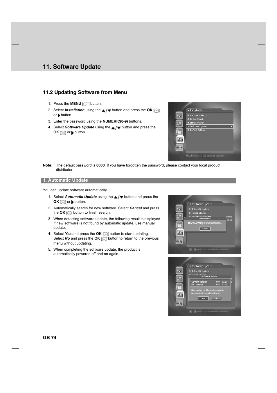 Software update, 2 updating software from menu, Automatic update | Gb 74 | Humax CX PVR-9200C User Manual | Page 75 / 90