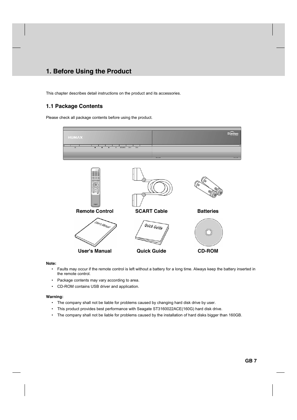 Before using the product, 1 package contents | Humax CX PVR-9200C User Manual | Page 8 / 90