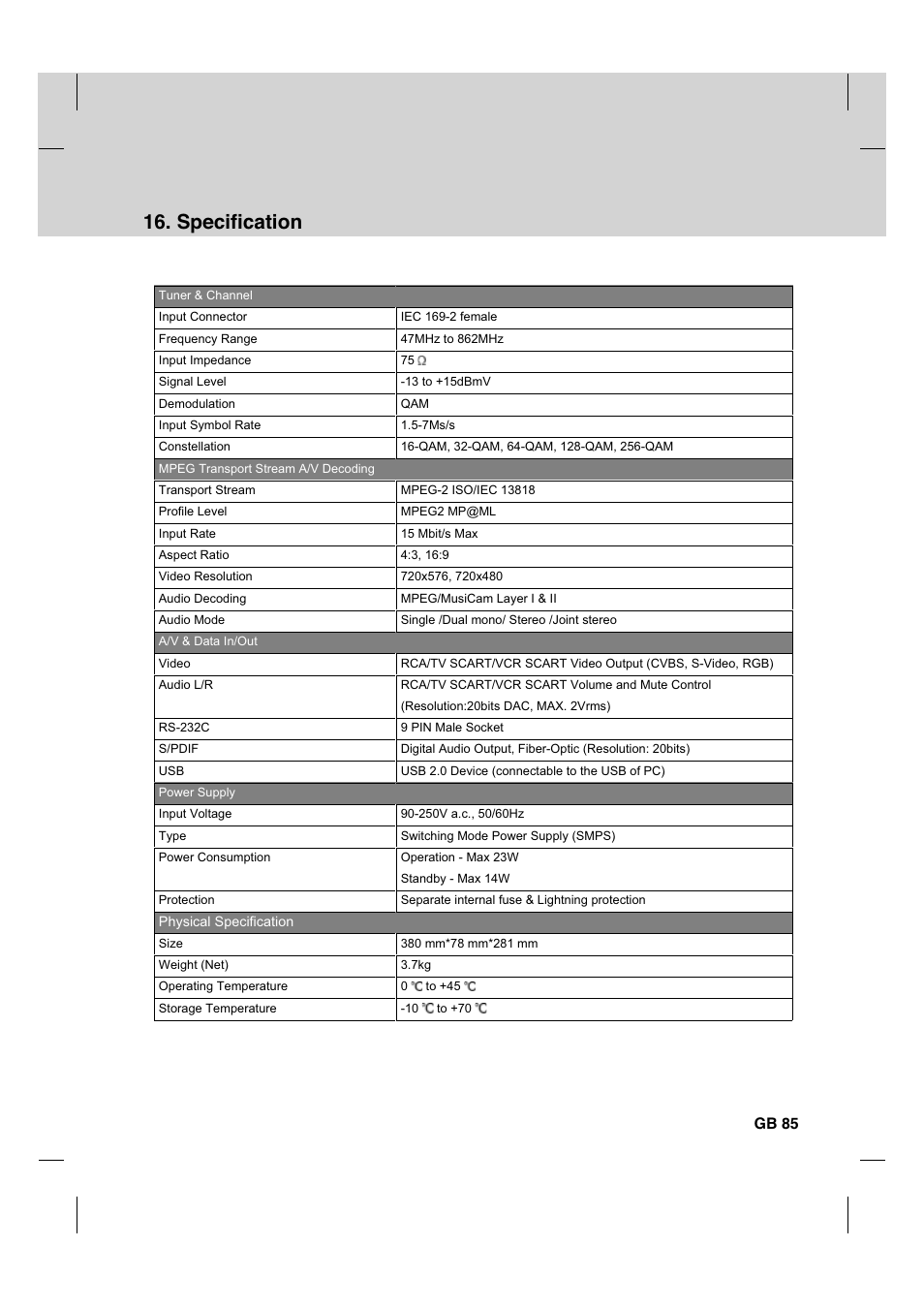 Specification, Gb 85 | Humax CX PVR-9200C User Manual | Page 86 / 90