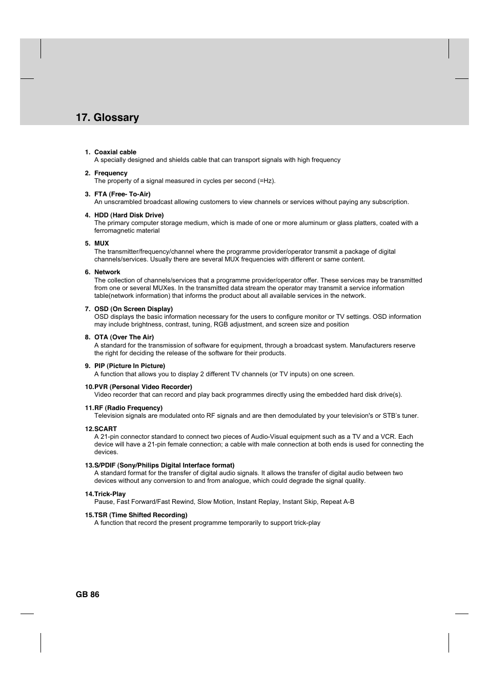 Gb 86, Glossary | Humax CX PVR-9200C User Manual | Page 87 / 90
