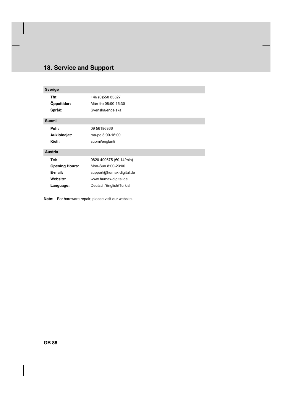 Service and support, Gb 88 | Humax CX PVR-9200C User Manual | Page 89 / 90