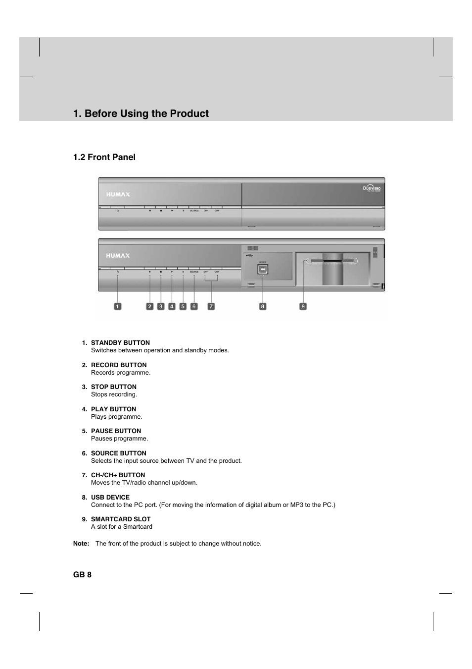 Before using the product, 2 front panel, Gb 8 | Humax CX PVR-9200C User Manual | Page 9 / 90