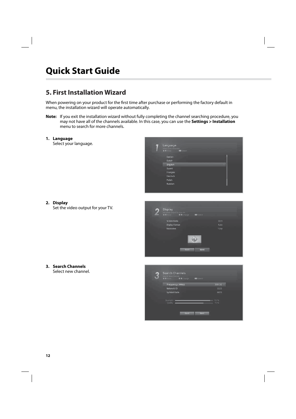 Quick start guide, First installation wizard | Humax IHDR-5200C User Manual | Page 13 / 110