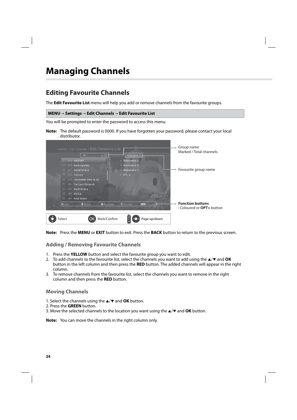 Managing channels, Editing favourite channels | Humax IHDR-5200C User Manual | Page 25 / 110