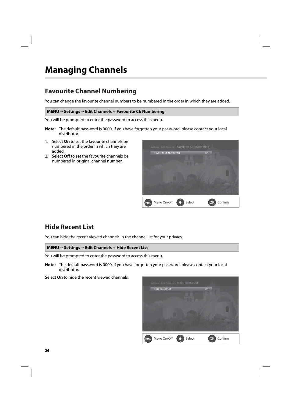 Managing channels, Favourite channel numbering, Hide recent list | Humax IHDR-5200C User Manual | Page 27 / 110