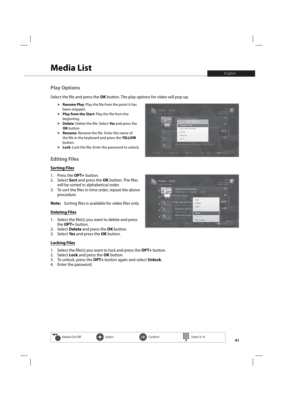 Media list, Play options, Editing files | Humax IHDR-5200C User Manual | Page 42 / 110