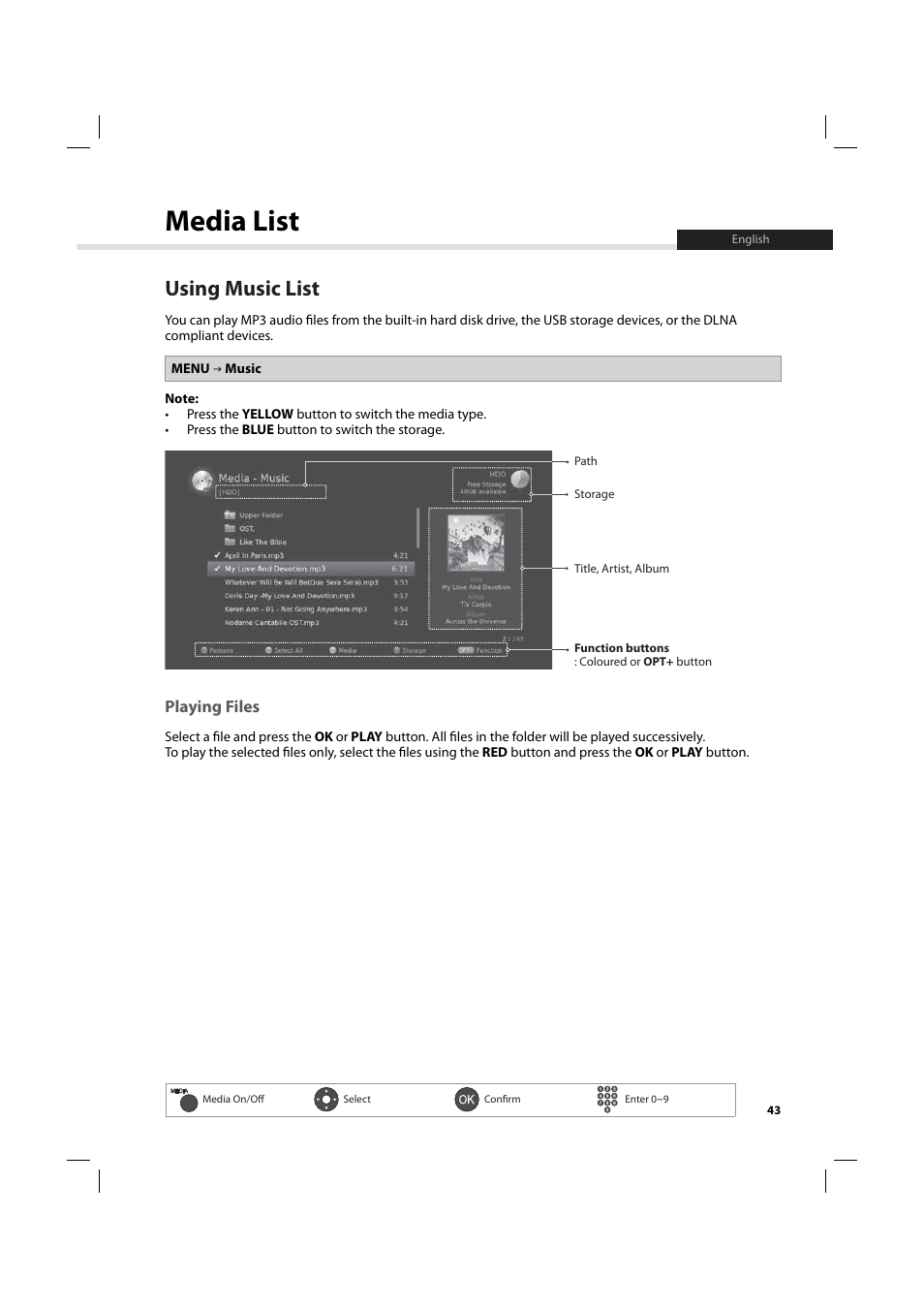 Media list, Using music list | Humax IHDR-5200C User Manual | Page 44 / 110