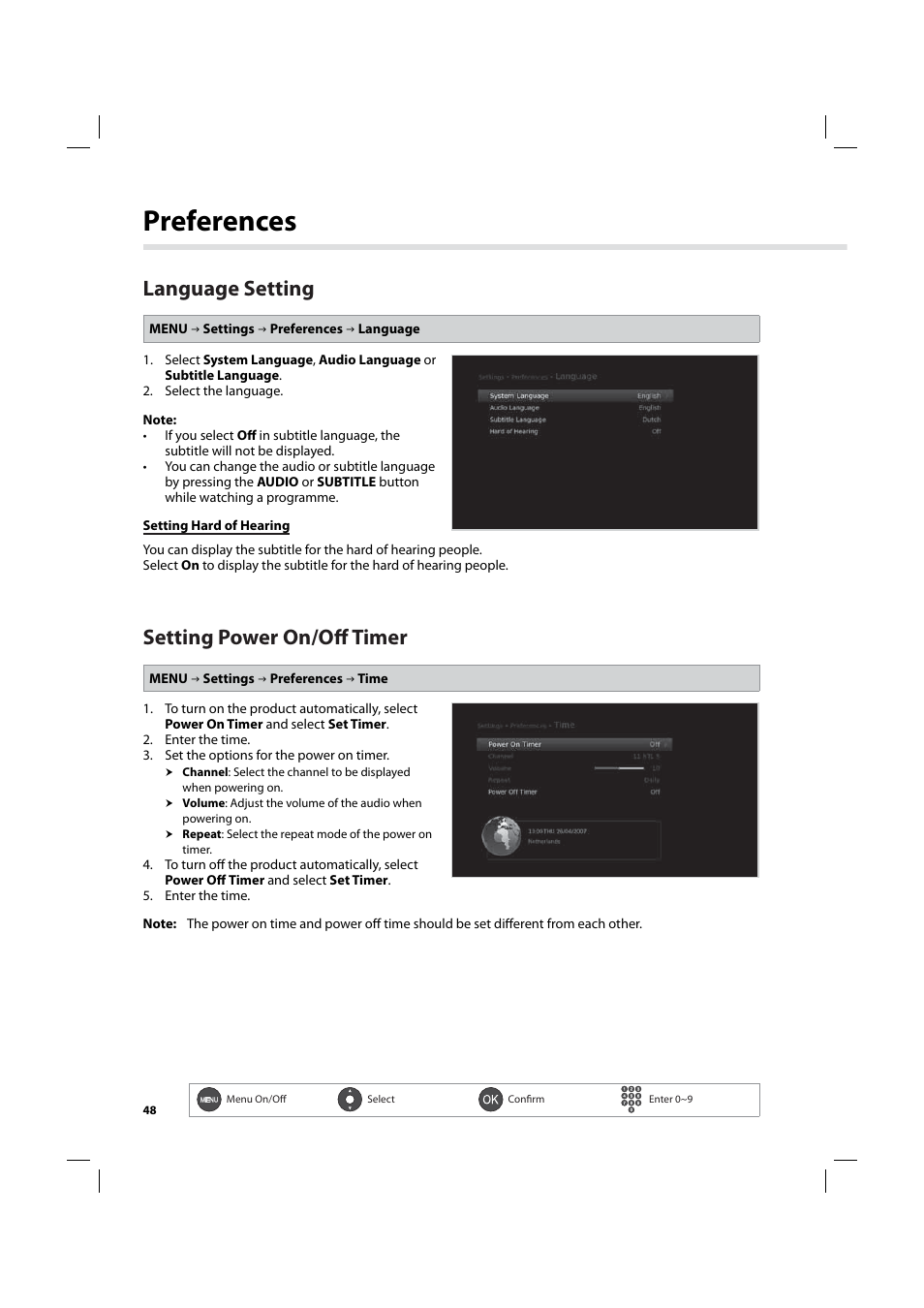 Preferences, Language setting, Setting power on/off timer | Humax IHDR-5200C User Manual | Page 49 / 110