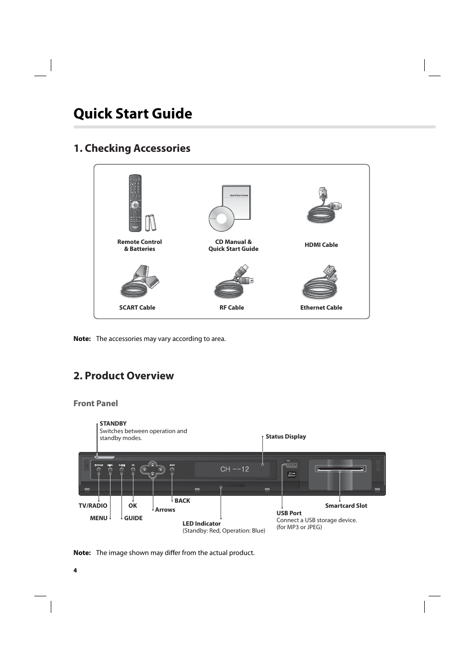 Quick start guide, Checking accessories, Product overview | Front panel | Humax IHDR-5200C User Manual | Page 5 / 110