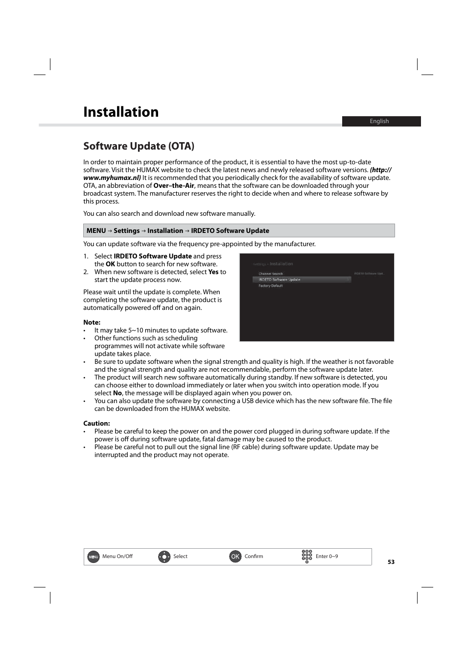 Installation, Software update (ota) | Humax IHDR-5200C User Manual | Page 54 / 110