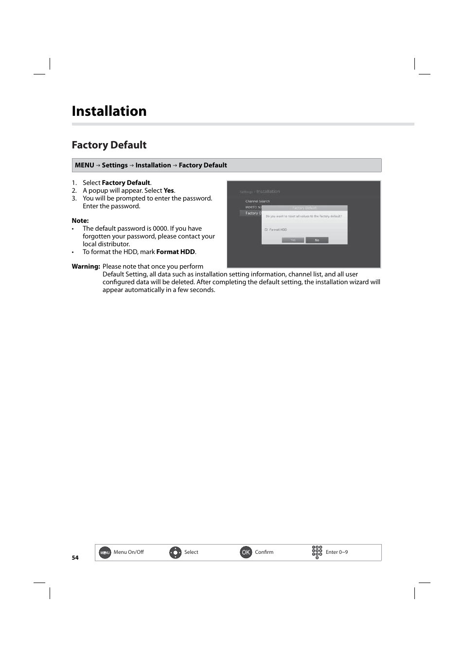 Installation, Factory default | Humax IHDR-5200C User Manual | Page 55 / 110