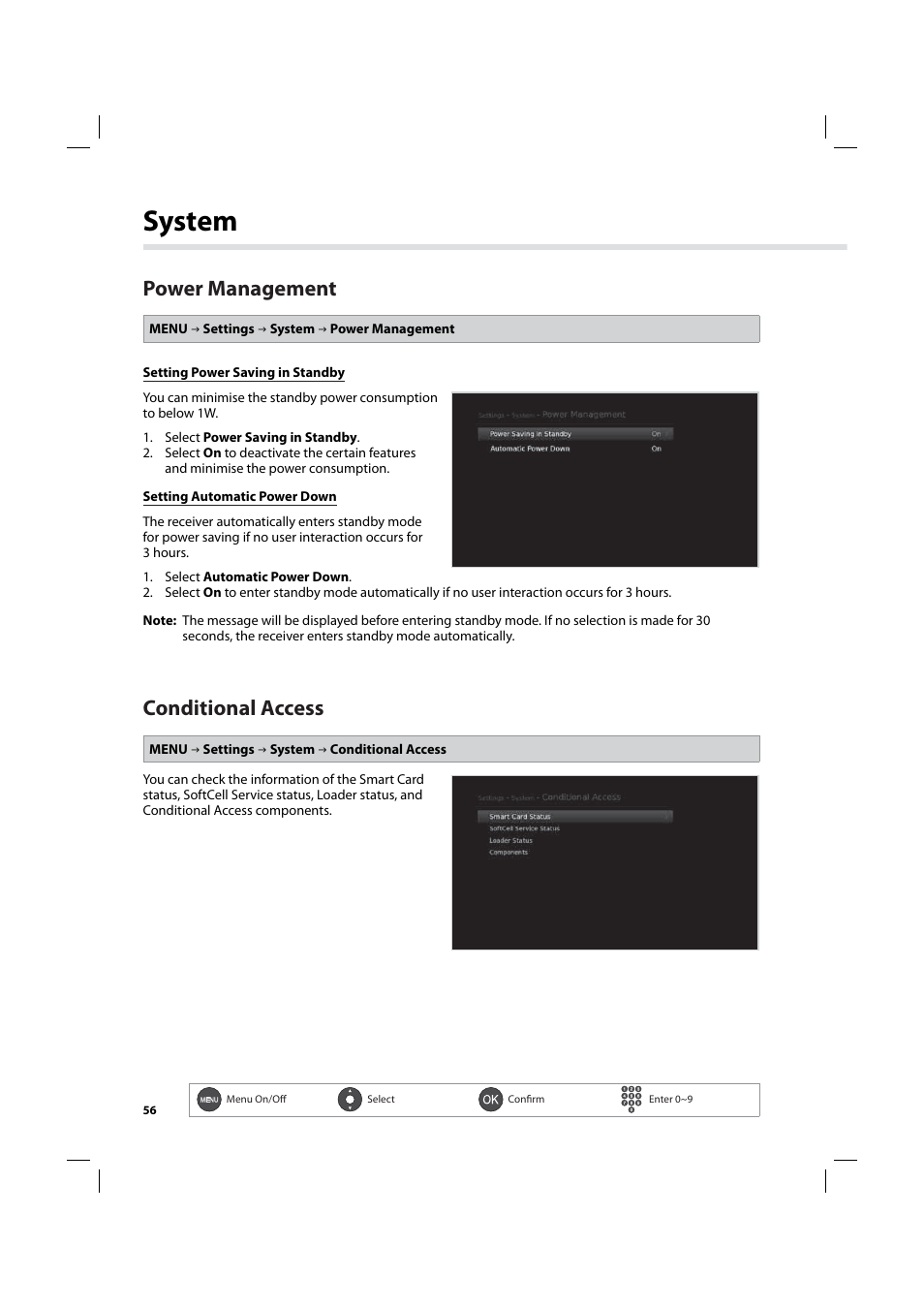 System, Power management, Conditional access | Humax IHDR-5200C User Manual | Page 57 / 110