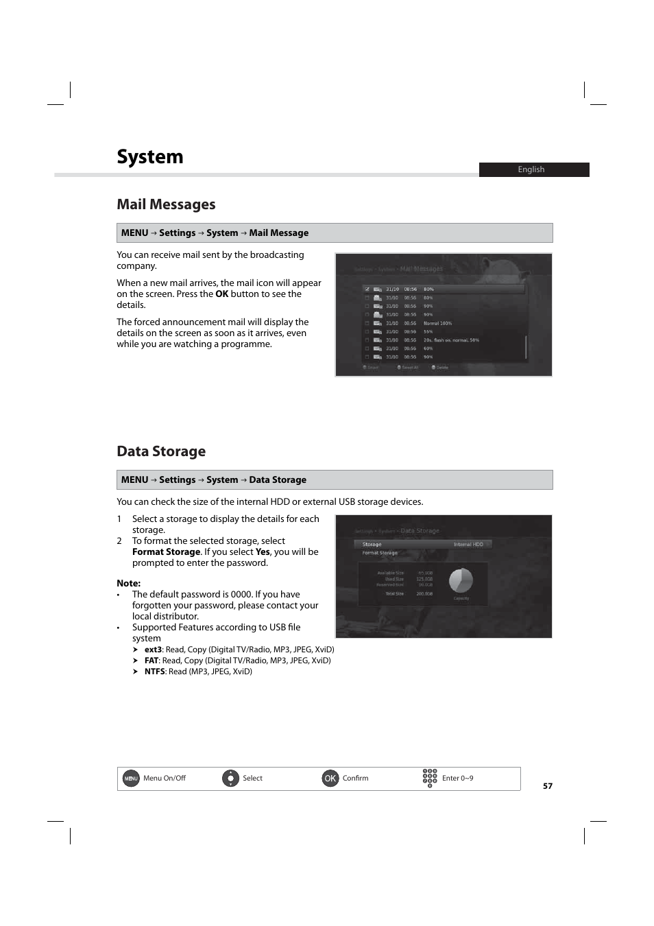 System, Mail messages, Data storage | Humax IHDR-5200C User Manual | Page 58 / 110