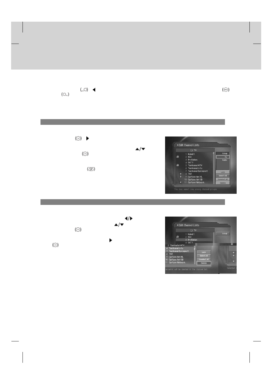 Select a channel group, Delete channels, Gb 43 | Humax PVR-9200T User Manual | Page 44 / 85
