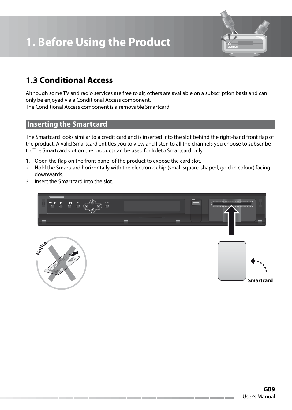 Before using the product, 3 conditional access, Inserting the smartcard | Humax IHDR-5050C User Manual | Page 10 / 110