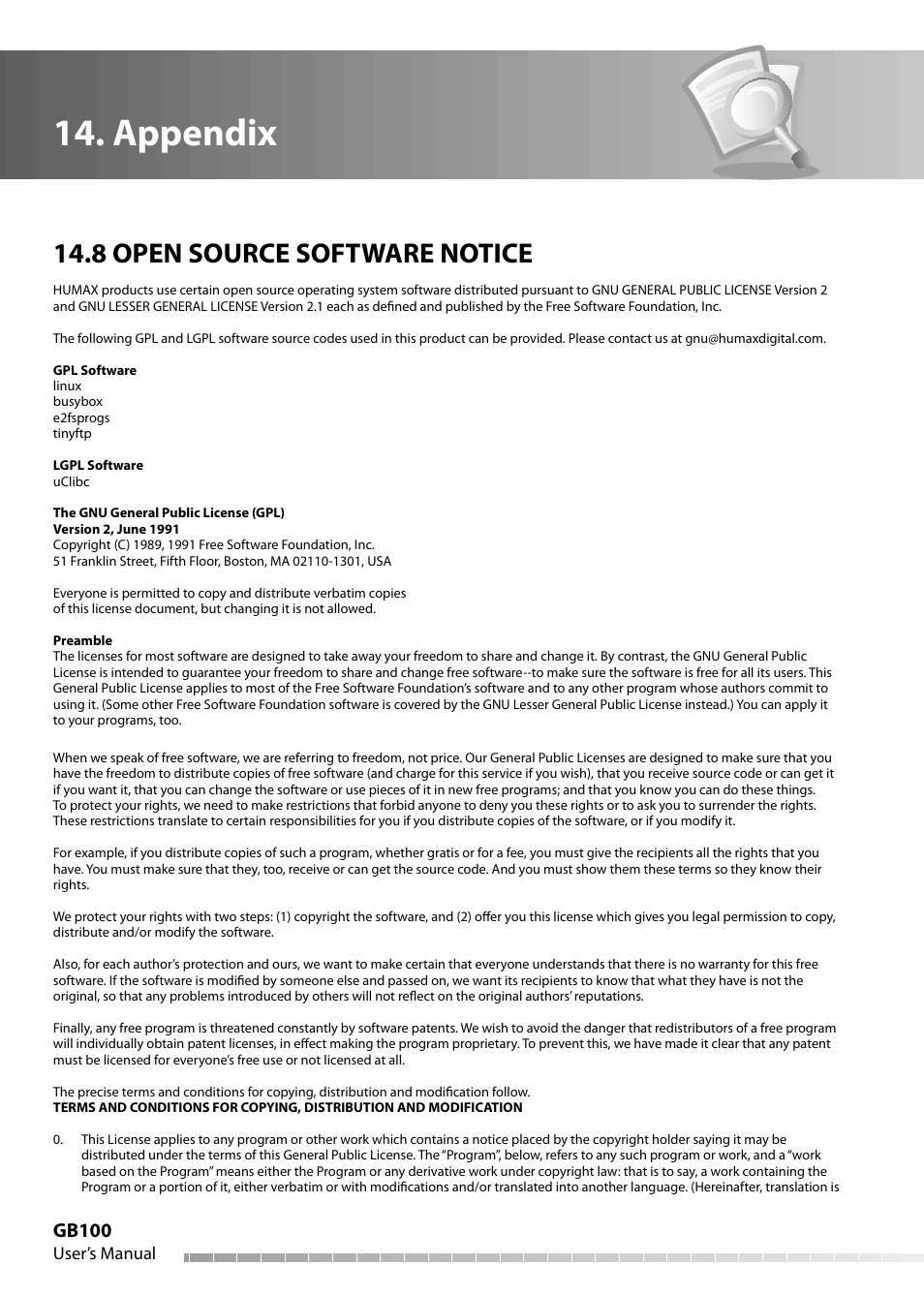 Appendix, 8 open source software notice, Gb100 | Humax IHDR-5050C User Manual | Page 101 / 110
