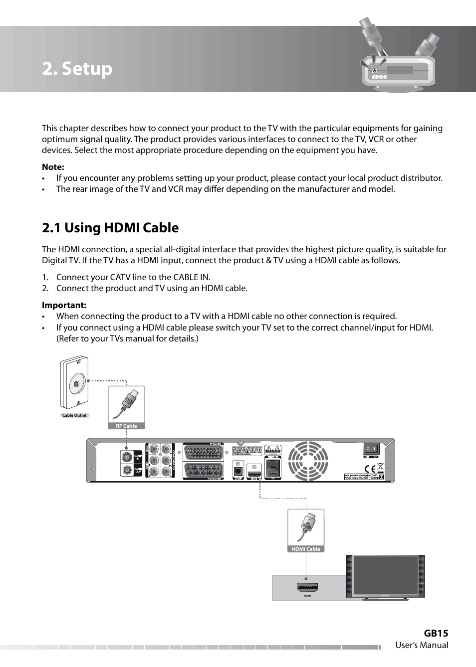Setup, 1 using hdmi cable | Humax IHDR-5050C User Manual | Page 16 / 110