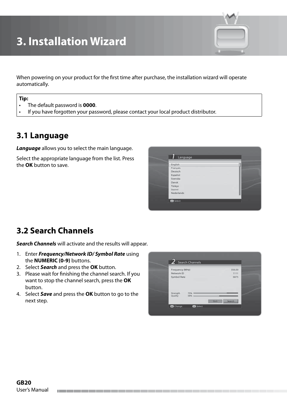 Installation wizard, 1 language, 2 search channels | Humax IHDR-5050C User Manual | Page 21 / 110