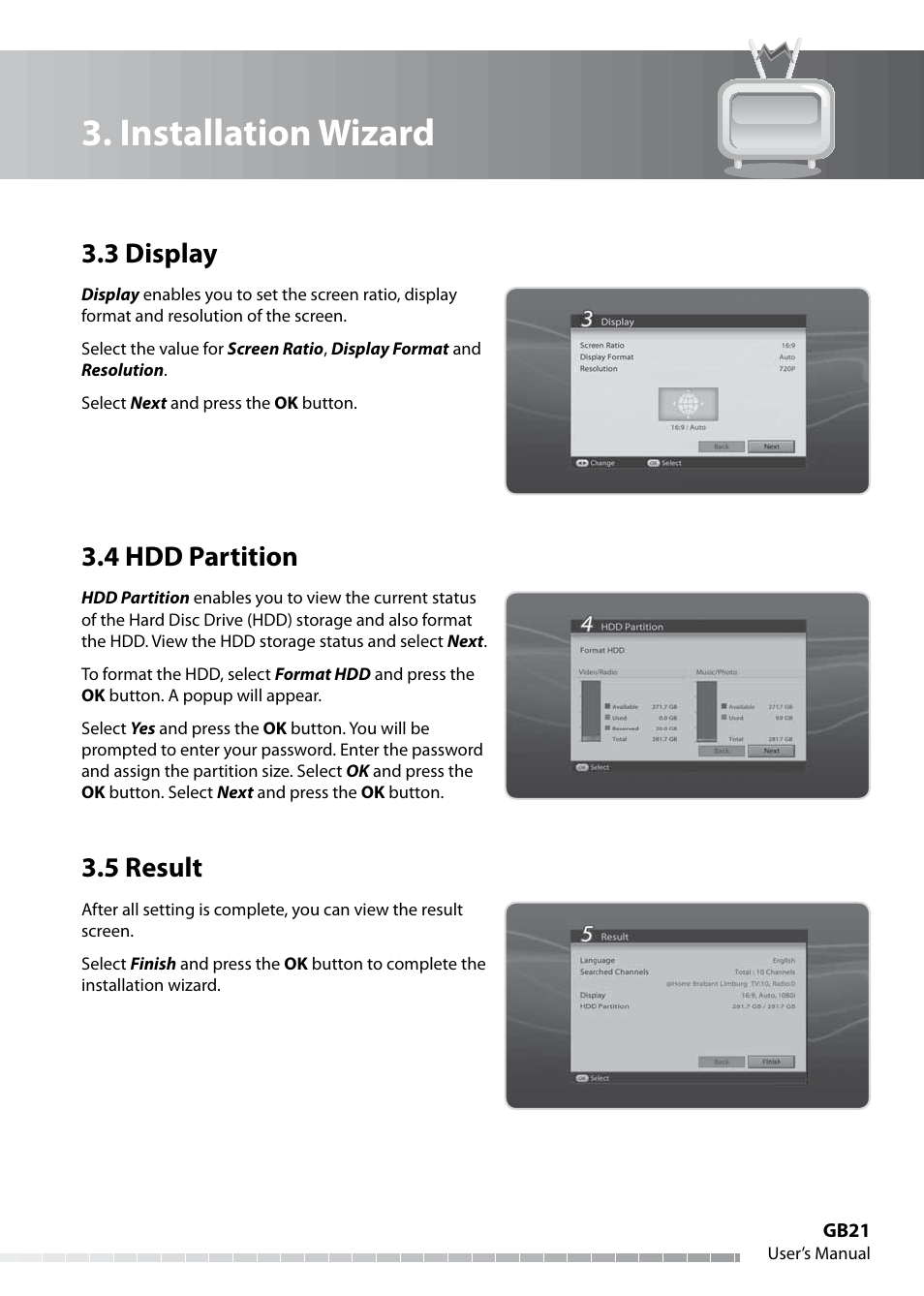 Installation wizard, 3 display, 4 hdd partition | 5 result | Humax IHDR-5050C User Manual | Page 22 / 110