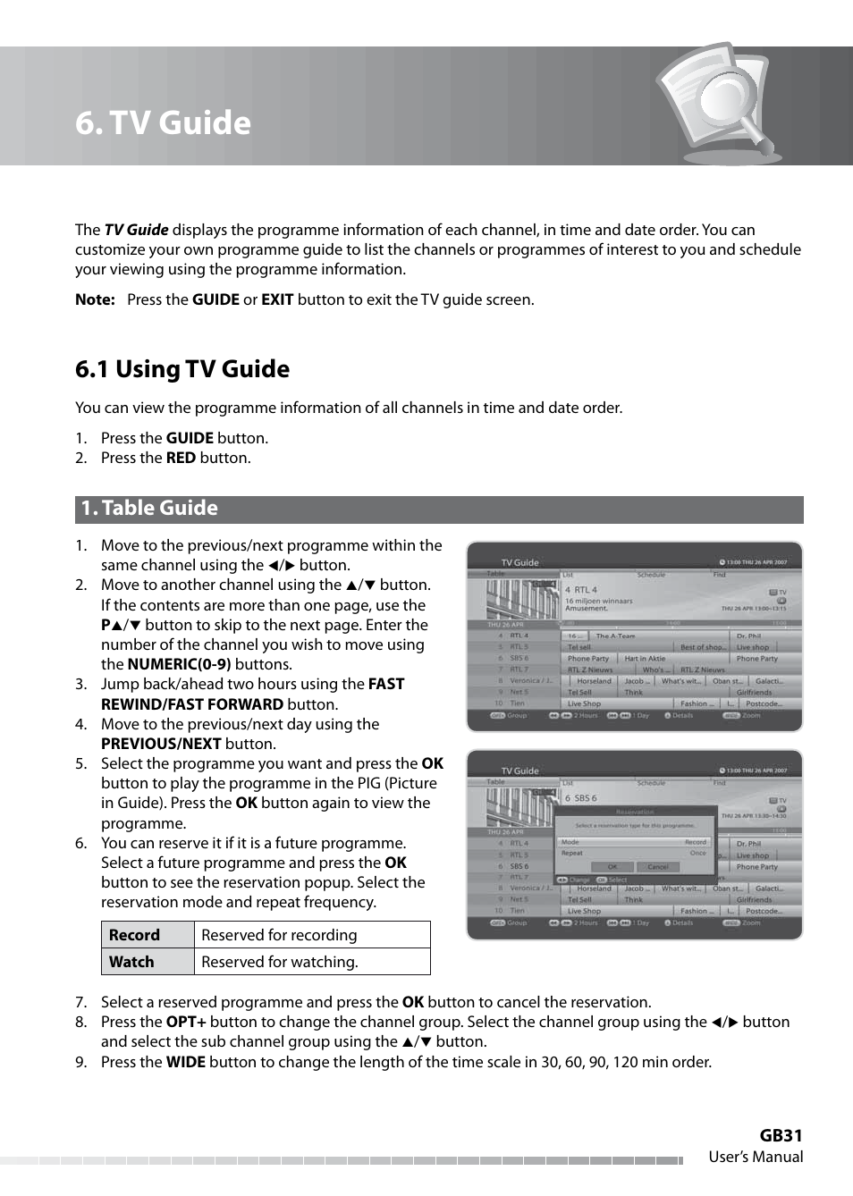 Tv guide, 1 using tv guide, Table guide | Humax IHDR-5050C User Manual | Page 32 / 110