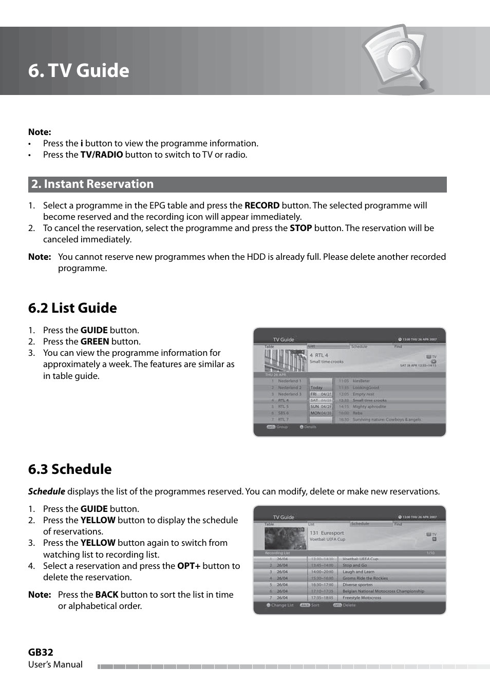 Tv guide, 2 list guide, 3 schedule | Instant reservation | Humax IHDR-5050C User Manual | Page 33 / 110