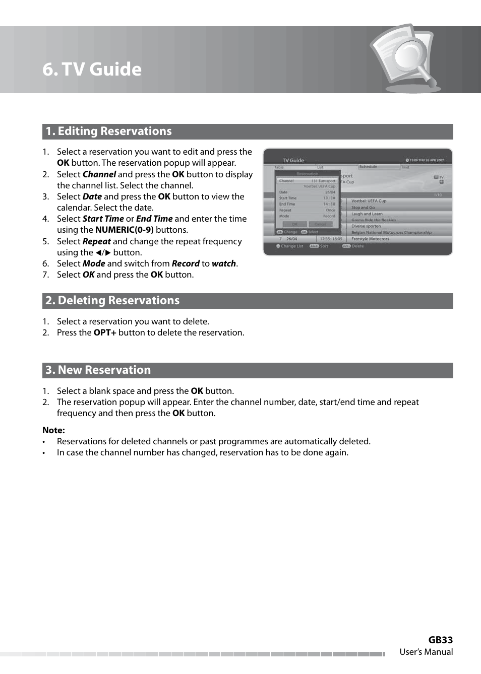 Tv guide, Editing reservations, Deleting reservations | New reservation | Humax IHDR-5050C User Manual | Page 34 / 110