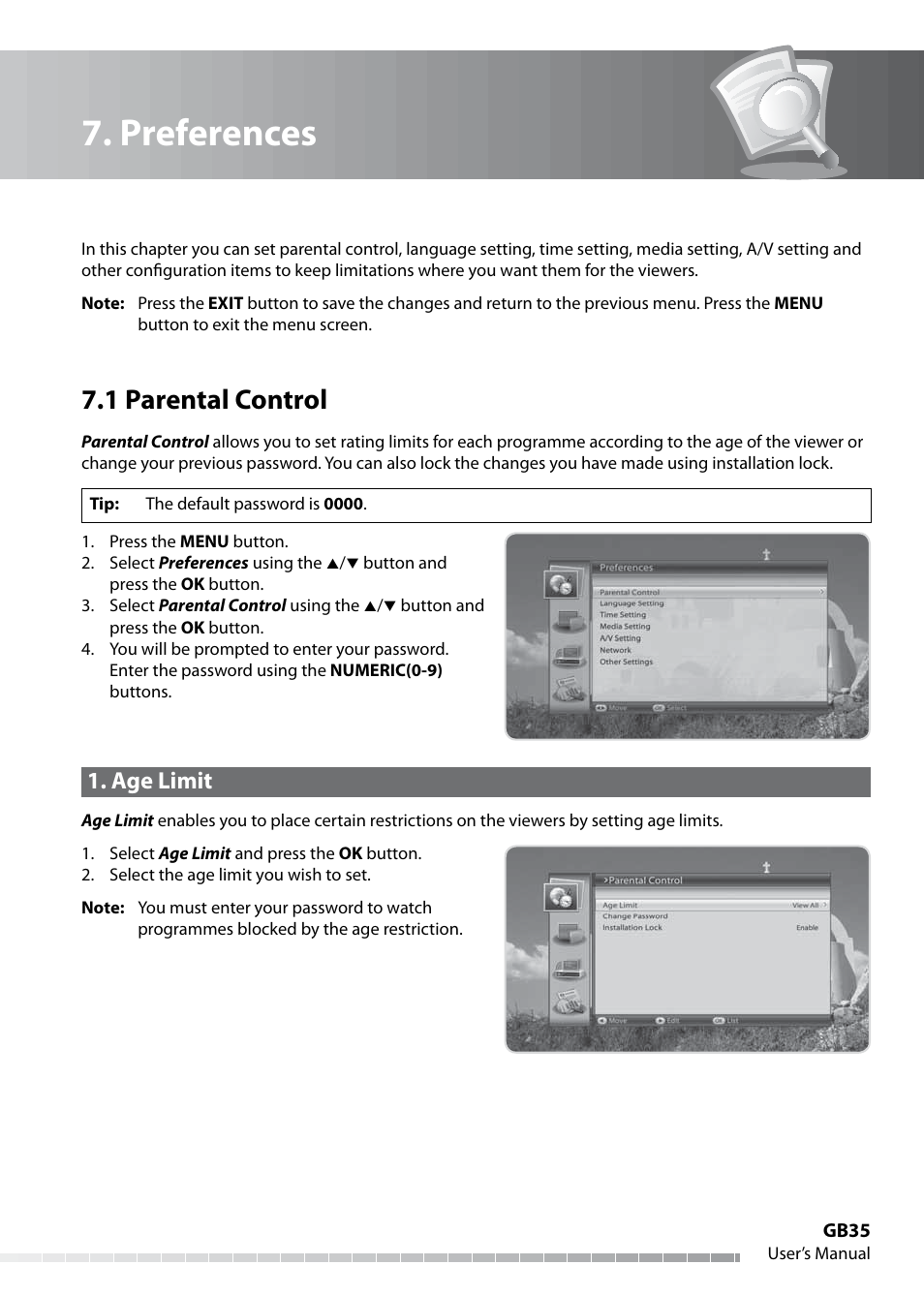 Preferences, 1 parental control, Age limit | Humax IHDR-5050C User Manual | Page 36 / 110