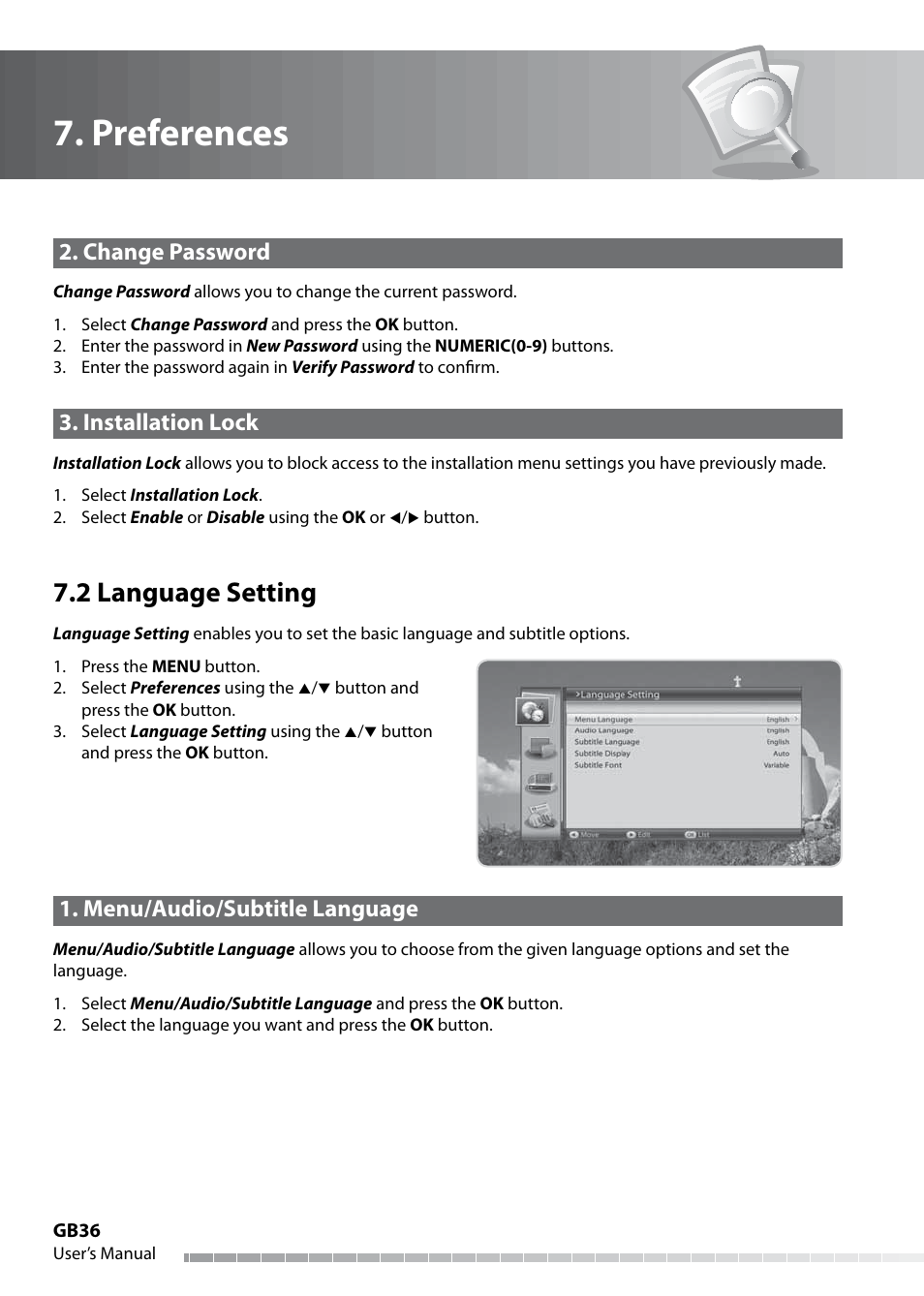 Preferences, 2 language setting, Change password | Installation lock, Menu/audio/subtitle language | Humax IHDR-5050C User Manual | Page 37 / 110