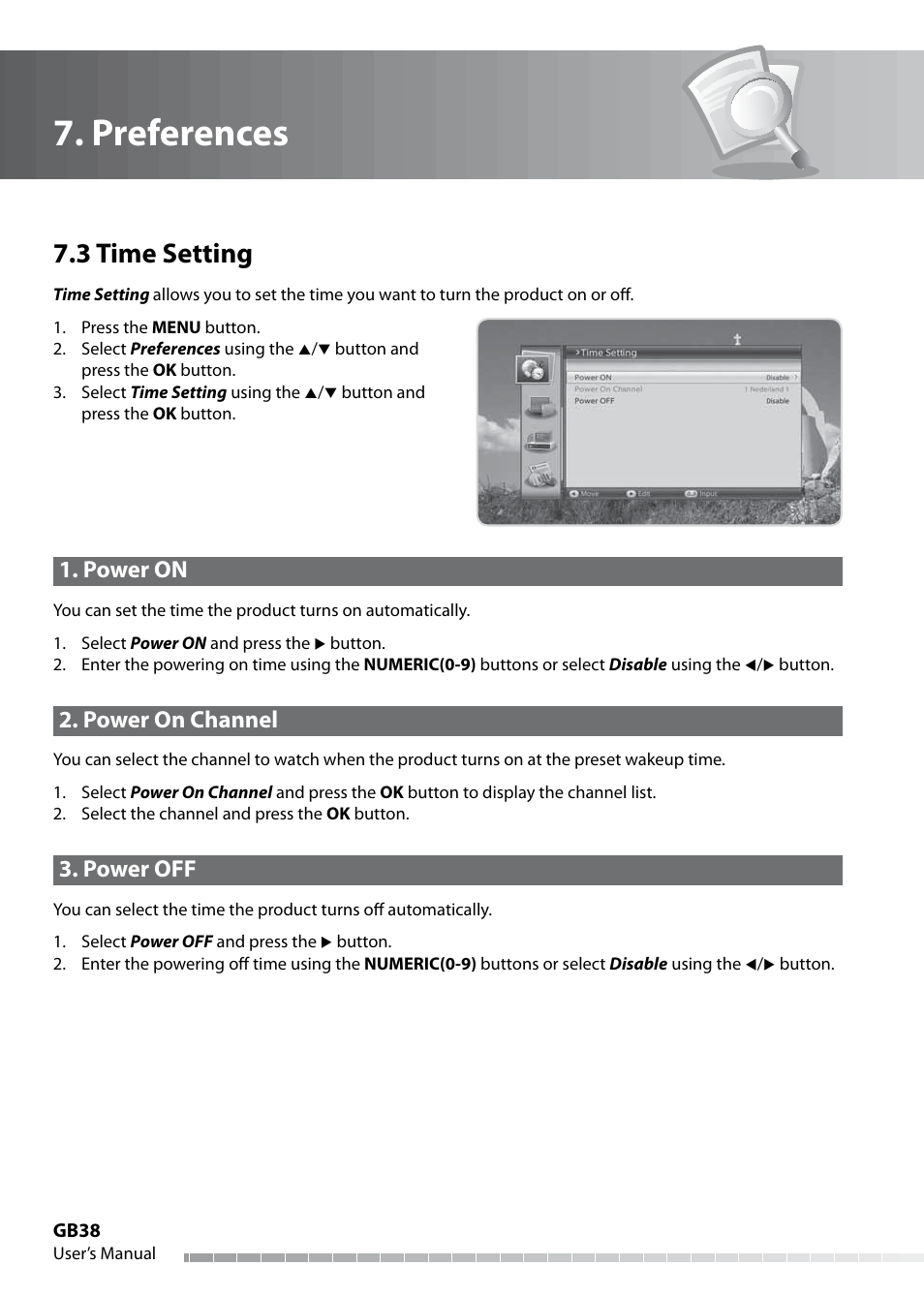 Preferences, 3 time setting, Power on | Power on channel, Power off | Humax IHDR-5050C User Manual | Page 39 / 110