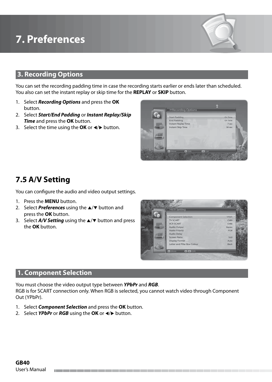 Preferences, 5 a/v setting, Recording options | Component selection | Humax IHDR-5050C User Manual | Page 41 / 110